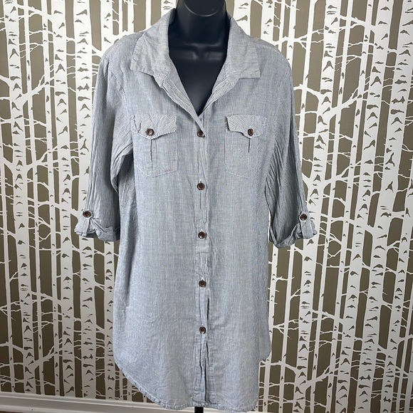 Dotti On Island Time Button Up Cover Up Shirt Dress gray white vertical stripe L - Picture 4 of 14